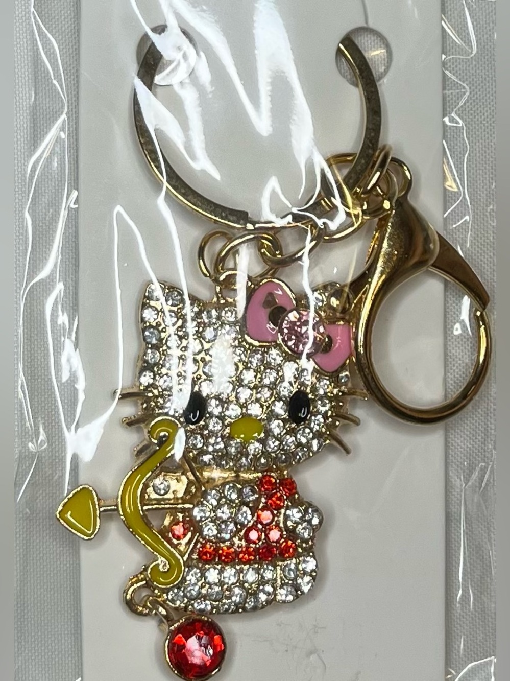 Gold and Pink Crystal Hello Kitty Keychain Phone Bag Charm